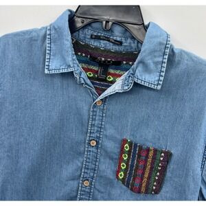 Forever 21 Men Chambray Denim Short Sleeve Button Up Shirt Southwestern Serape S